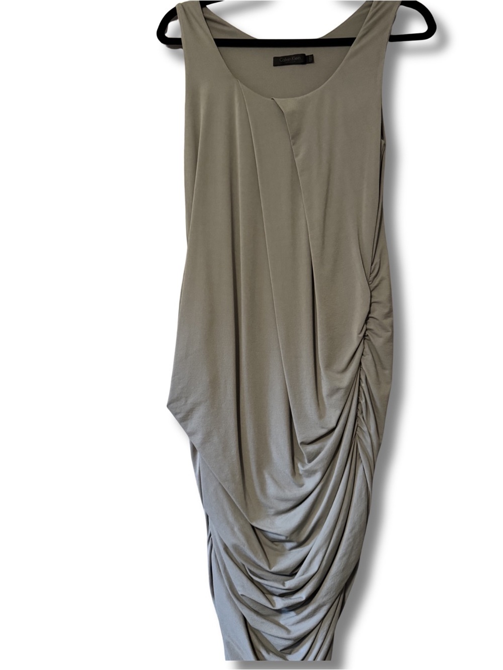 Calvin Klein Collection Draped Dress Y2K 2004 Greige Ruched Minimalist Midi